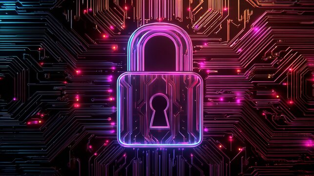 Secure your digital world with this vibrant, glowing padlock symbolizing cybersecurity and data protection on a circuit board.