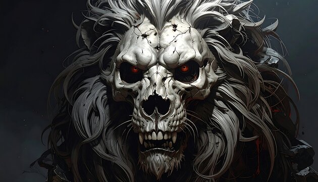 A skull-lion chimera with a full mane, sharp teeth, and glowing red eyes, set against a dark and ashy background