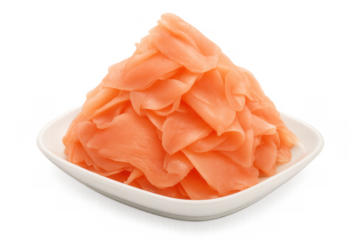 Pickled ginger gari condiment on white plate for sushi and sashimi, clean eating, transparent background