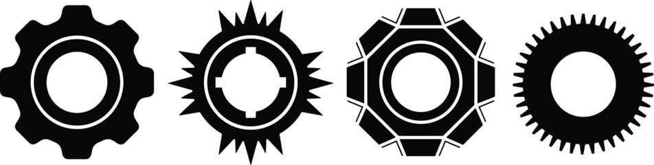 Gear icon set, mechanical shape variations, black silhouette vector, cogwheel and gear graphics, engineering symbol pack, industrial design element illustration