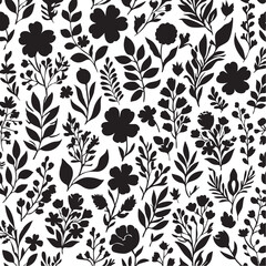 Black and white floral pattern vector: seamless botanical background with flowers and leaves eps silhouette