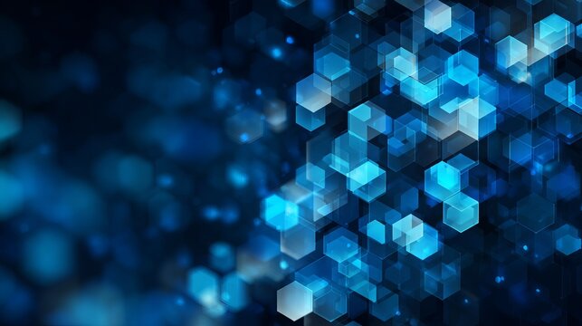 Dynamic digital network of glowing blue hexagons creates a futuristic abstract background for technology and innovation concepts