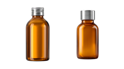 Two amber glass bottles with silver caps isolated on transparent background