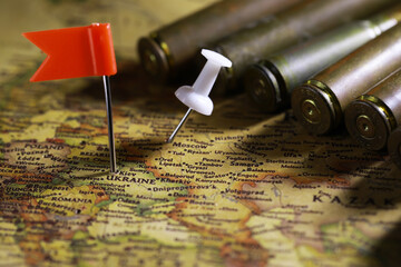 Kyiv map. Kyiv pin map. Close up of Kyiv map with red flag pin. Map with red pin point of Kyiv in...