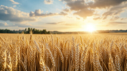 Obraz premium Golden wheat field under sunset sky creates peaceful and cinematic atmosphere