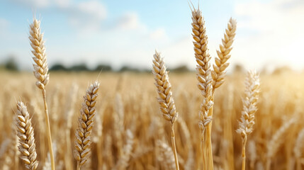Fototapeta premium Golden wheat swaying gently in breeze under bright sky, creating peaceful atmosphere