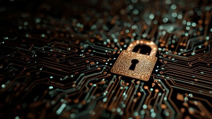 Golden padlock secures digital circuit board, symbolizing data protection and network security in a high tech environment