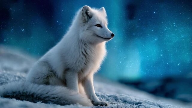 White Arctic fox sitting on snow beneath the blue-green glow of the northern lights.
