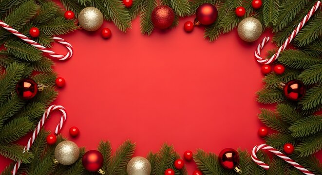 Christmas frame with ornaments, candy canes, and pine branches