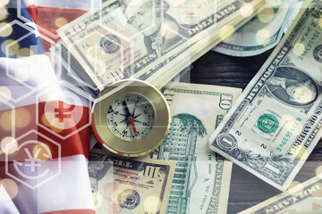 Magnetic compass. The concept of finding successful solutions to problems. Compass, map, sleeves, hands.