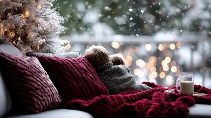 Two children snuggled together on a cozy couch, wrapped in a warm blanket, gazing out at falling snowflakes and twinkling lights from a decorated Christmas tree