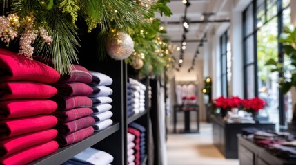 Colorful display of neatly folded clothing in a retail store, featuring red, white, and navy garments, adorned with festive decorations and bright lighting, creating a warm shopping atmosphere