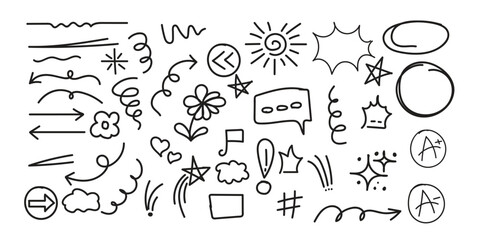 Line cute element set. Hand-drawn sketch doodle style arrow, cloud, star with marker stroke pencil highlight. Doodle sketch heart, star, cloud cartoon sticker shapes