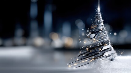 Abstract Christmas tree composed of metallic elements and sparkling lights, set against a blurred winter background, creating a festive and modern holiday atmosphere
