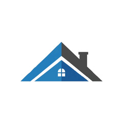 A modern, minimalist house logo design, featuring a blue roof and a chimney, perfect for real estate businesses and property ventures.