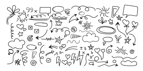 Line cute element set. Hand-drawn sketch doodle style arrow, cloud, star with marker stroke pencil highlight. Doodle sketch heart, star, cloud cartoon sticker shapes