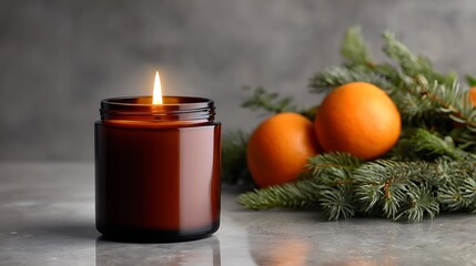 Cozy candlelight scene with glowing aromatic candle in glass jar, winter orange fruit on dark table with fir tree branch in the evening