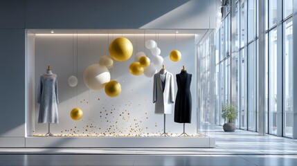 Fashion display featuring elegant garments on mannequins, surrounded by colorful spheres and decorative elements, creating a modern retail atmosphere with vibrant visual appeal
