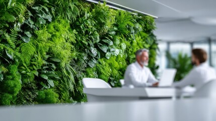 Two professionals engaged in discussion at a modern workspace featuring a vibrant green living wall, showcasing a blend of nature and contemporary design elements in a collaborative environment