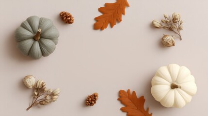 Fototapeta premium Autumn pumpkins and dried flowers on a neutral background for seasonal decor