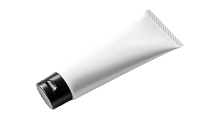 A white cosmetic tube with a black cap, isolated on transparent background