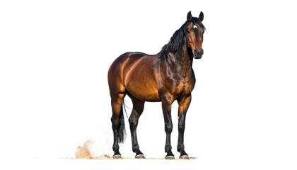 A sleek, muscular bay horse standing on sand with a white backdrop, facing forward, mane flowing down