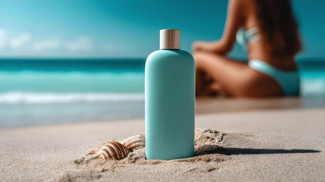 Turquoise sunscreen bottle in the sand on a sunny beach, with seashells nearby and a blurred sunbather in the background.