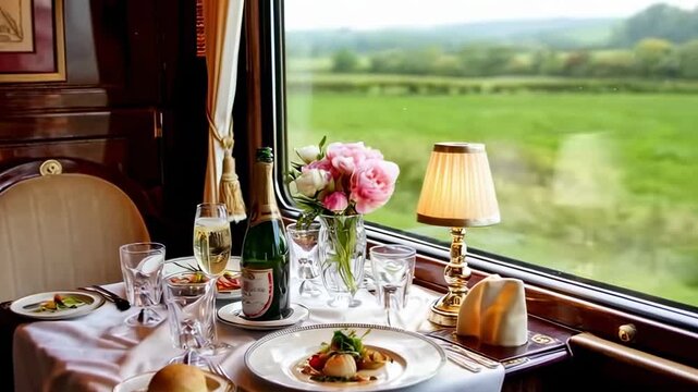 Elegant dining table setting on moving train with scenic view