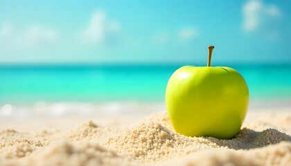 A vibrant green apple on the beach sand with sea and sky in the background. Perfect mix of freshness, summer, and healthy lifestyle concepts.