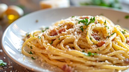 Close up of a plate of spaghetti carbonara with bacon and parsley on a white ceramic plate