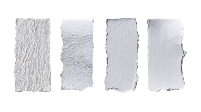 Four torn paper pieces with rough edges isolated on transparent background