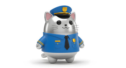 Cartoon Cat Wearing Blue Police Uniform on White Background