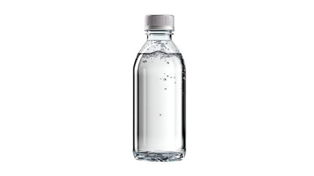 Clear glass bottle filled with sparkling water isolated on transparent background