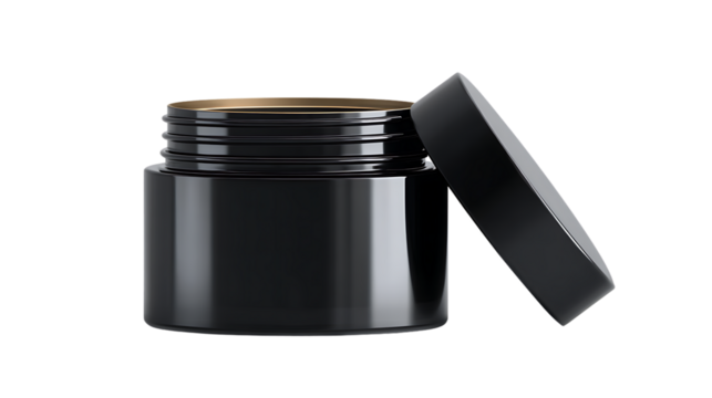 Open black glass jar with lid on transparent background