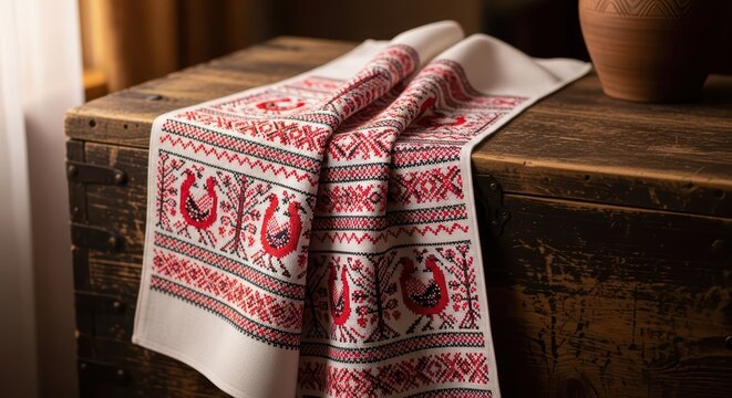 Traditional red and black embroidered table runner on rustic wooden chest