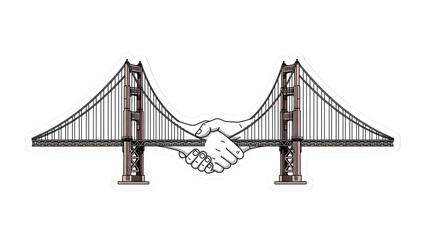 Obraz premium Symbolic illustration of a handshake bridging two golden gate style bridges, representing partnership and connection