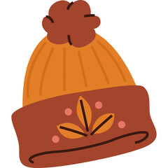 Warm Orange Beanie Hat With Brown Brim Adorned With Autumn Leaf Motifs and Pink Dots Isolated on Transparent Background