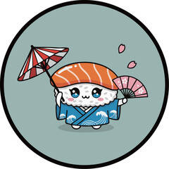 MinimalFlatDesign KawaiiSushiCharacter withKimono Parasol andFan -ミニマルフラットデザイン 着物姿の可愛い寿司キャラクターと傘と扇子