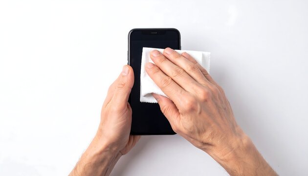 Phone screen being cleaned with white cloth, hands wiping on white surface