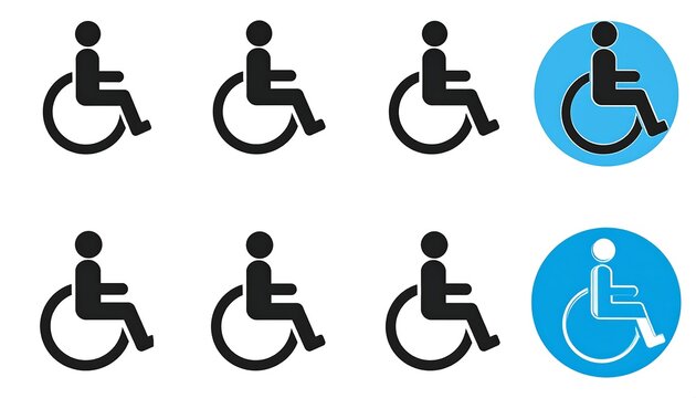 Pictograms figure seated in wheelchair, both in black and white styles and blue circular backgrounds, on white