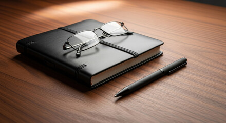 Black leather notebook with reading glasses and a pen lying on a warm wooden desk