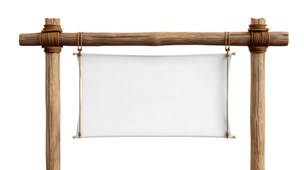 Rustic wooden signpost with a blank white canvas hanging, isolated on transparent background for custom messages