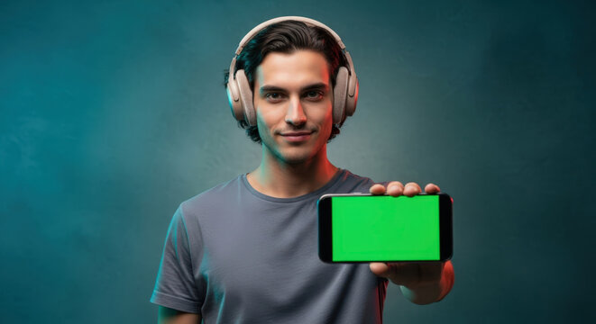 Young man wearing headphones presents a horizontal smartphone with green screen to camera in a studio - Powered by Adobe