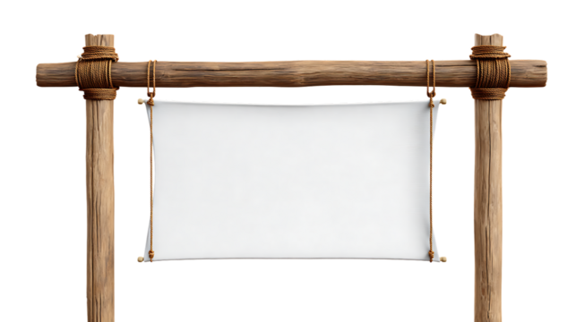 Rustic wooden signpost with a blank white canvas hanging, isolated on transparent background for custom messages - Powered by Adobe