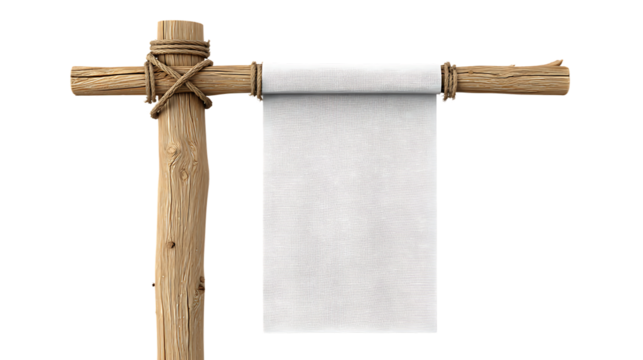 A weathered wooden post with a rolled white fabric banner, isolated on transparent background for creative use