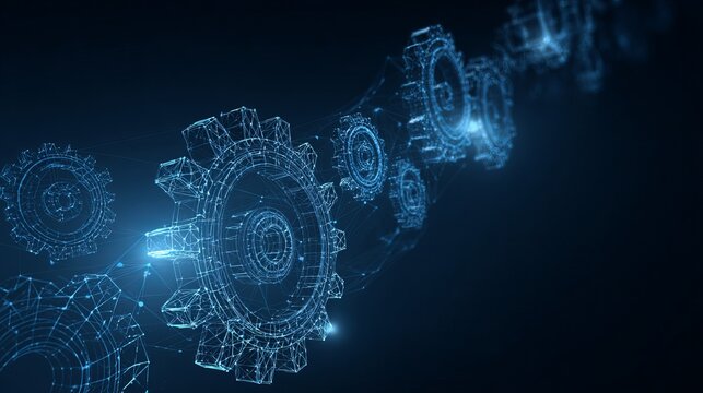 Dynamic interconnected gears symbolizing innovation, technology, and seamless workflow in a futuristic blue network