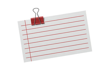 Note card with red marks and binder clip isolated on transparent background