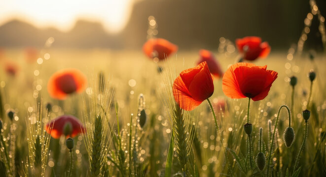 Vibrant red poppies and green wheat covered with morning dew drops in sunlit field at sunrise