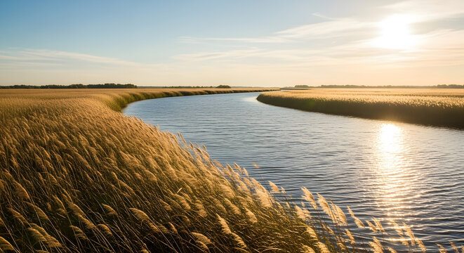 Scenic river flowing through golden marshland at sunset under clear blue sky