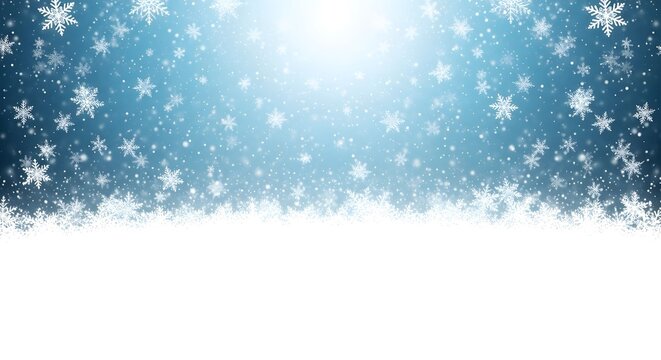 Snowflakes falling on blue background with white snow isolated on white background